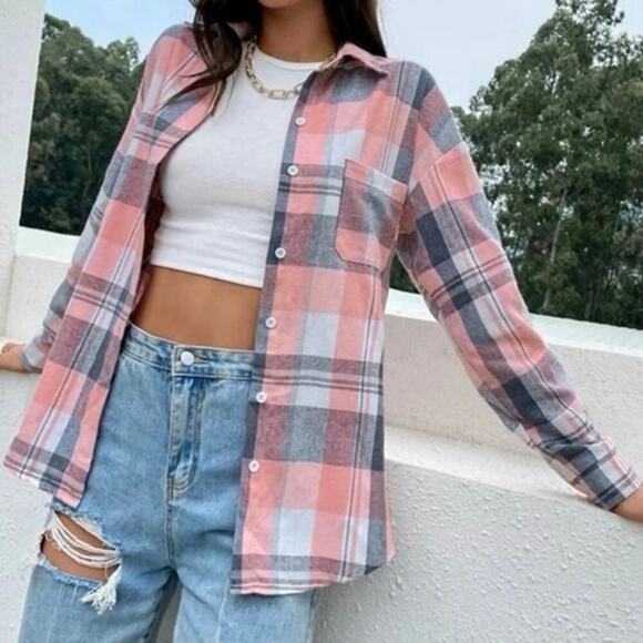 SHEIN Pink Gray Plaid Button Down Long Sleeve Flannel Shirt Size S EUC - Picture 2 of 6